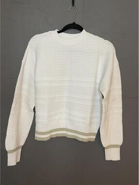 CALIA Women's White Textured Mesh Knit Crewneck Sweater Tan Striped Hem Sz S